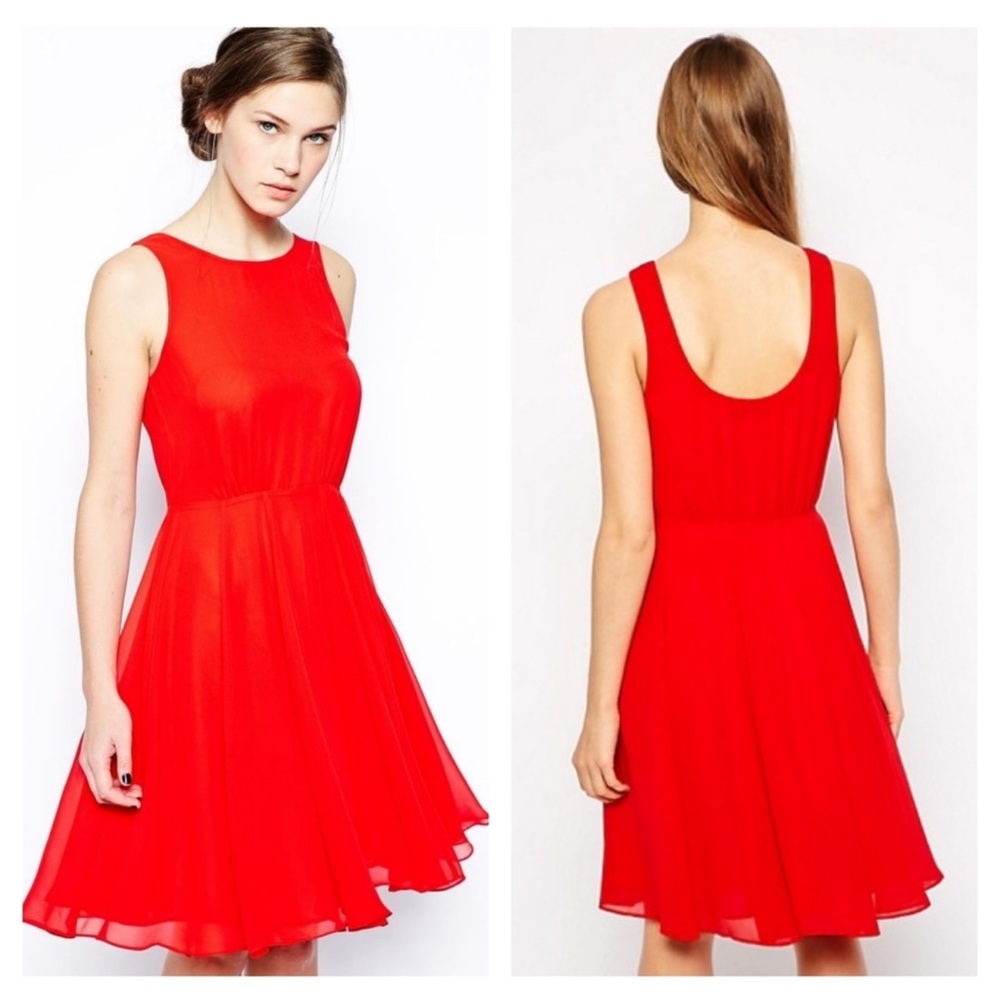 French Connection Winter Spells Chiffon Fit-And-Flare Dress Royal Scarlet Size 2